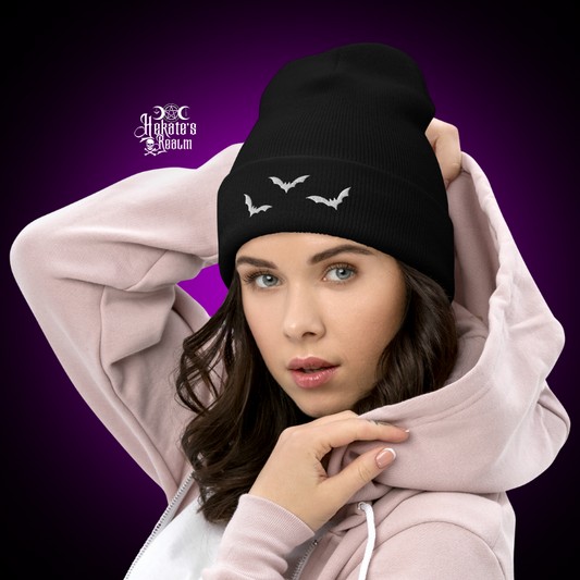 Bats Cuffed Beanie | White Embroidery