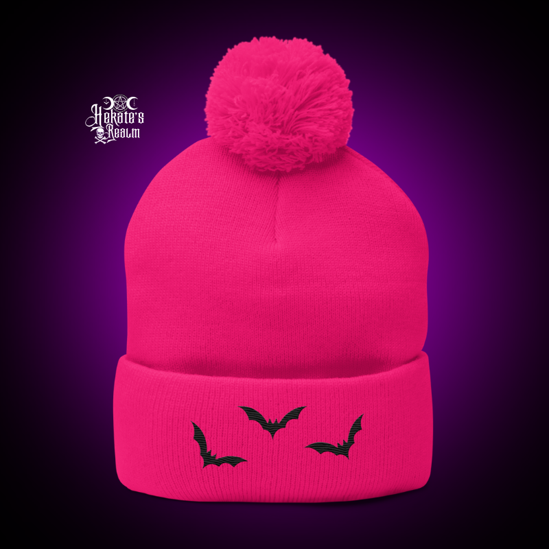 Bats Pom Beanie | Black Embroidery
