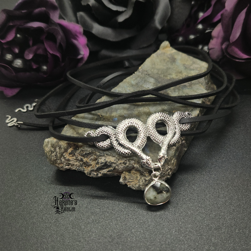 Aliyah Choker in black leather wrap with silver snakes and labradorite pendant drop.