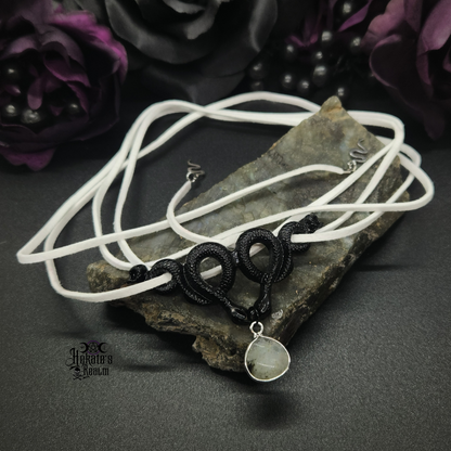 Aliyah Choker in white leather wrap with black snakes and labradorite pendant drop.