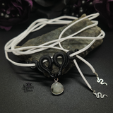 Aliyah Choker in white leather wrap with black snakes and labradorite pendant drop.