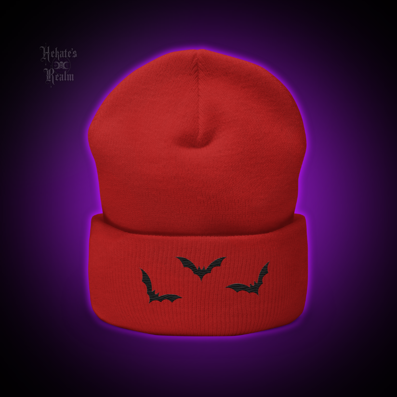 Bats Cuffed Beanie | Black Embroidery
