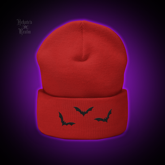 Bats Cuffed Beanie | Black Embroidery