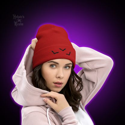 Bats Cuffed Beanie | Black Embroidery