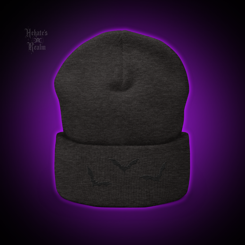 Bats Cuffed Beanie | Black Embroidery