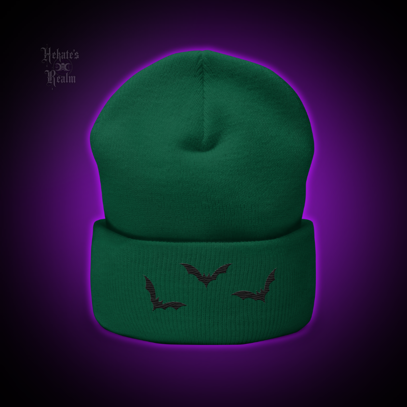 Bats Cuffed Beanie | Black Embroidery
