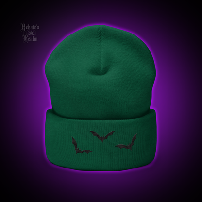 Bats Cuffed Beanie | Black Embroidery