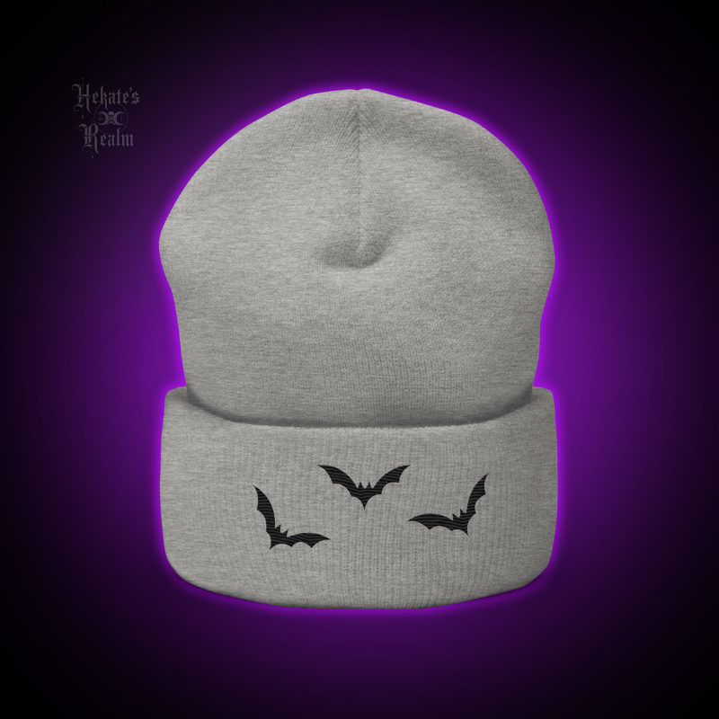 Bats Cuffed Beanie | Black Embroidery