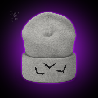 Bats Cuffed Beanie | Black Embroidery