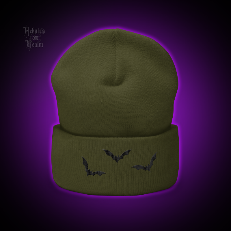 Bats Cuffed Beanie | Black Embroidery
