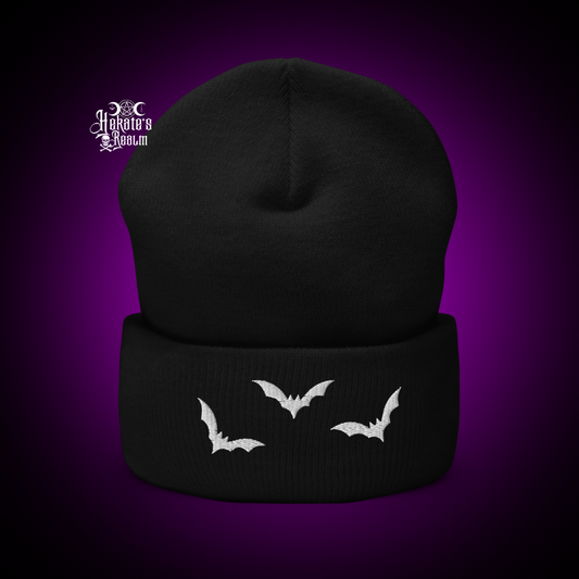 Bats Cuffed Beanie | White Embroidery