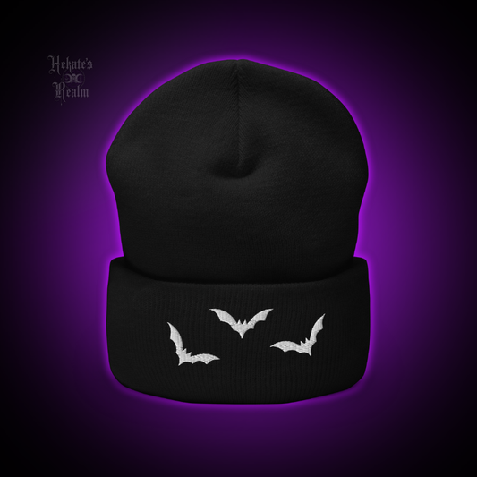 Bats Cuffed Beanie | White Embroidery