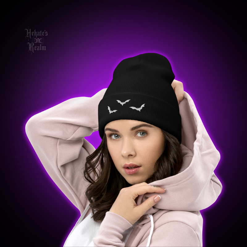 Bats Cuffed Beanie | White Embroidery