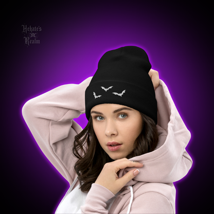 Bats Cuffed Beanie | White Embroidery