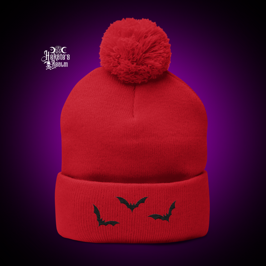 Bats Pom Beanie | Black Embroidery