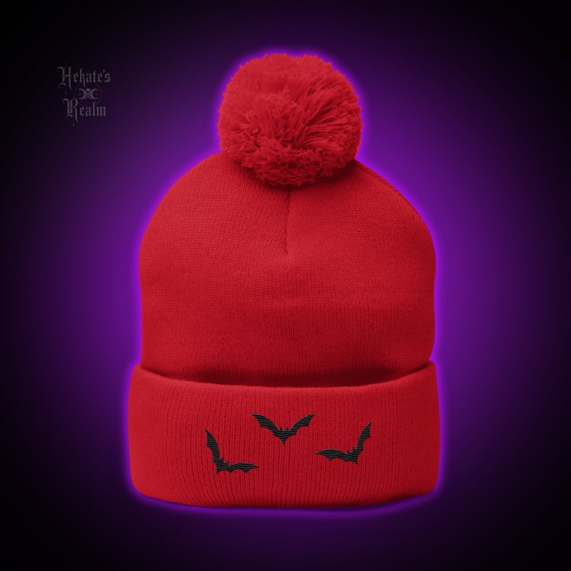 Bats Pom Beanie | Black Embroidery