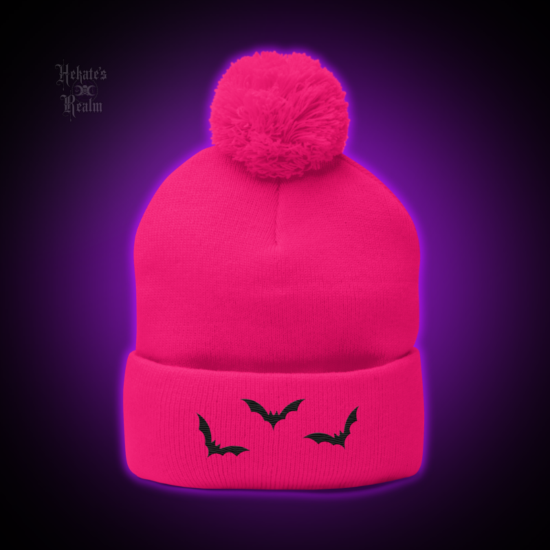Bats Pom Beanie | Black Embroidery