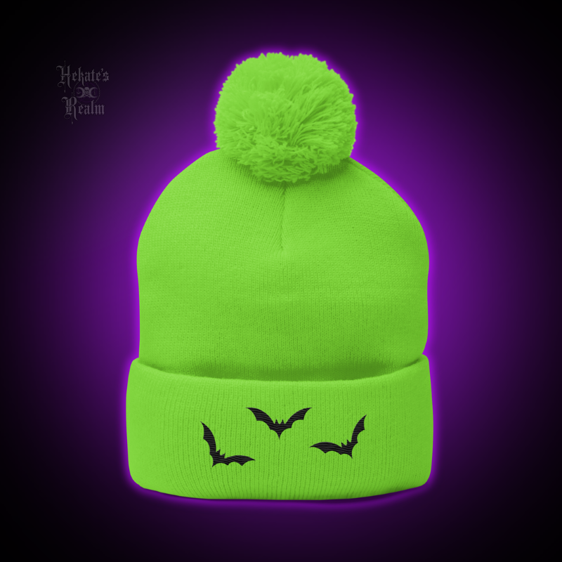 Bats Pom Beanie | Black Embroidery
