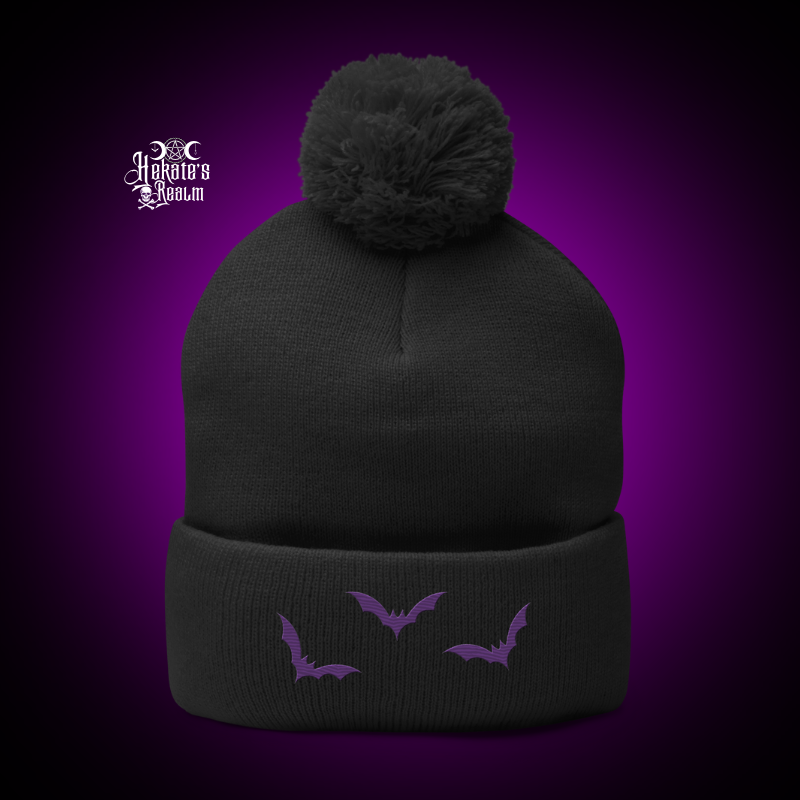 Bats Pom Beanie | Purple Embroidery