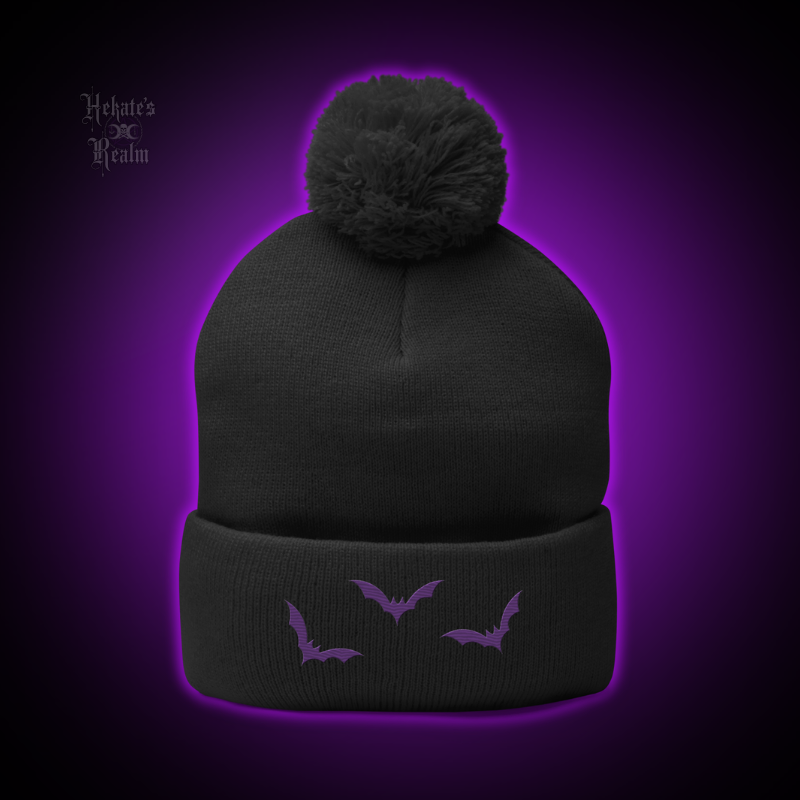 Bats Pom Beanie | Purple Embroidery