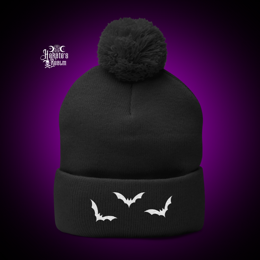 Bats Pom Beanie | White Embroidery