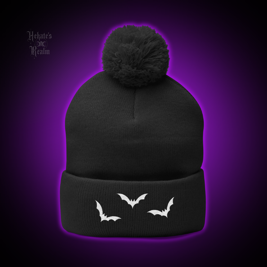 Bats Pom Beanie | White Embroidery