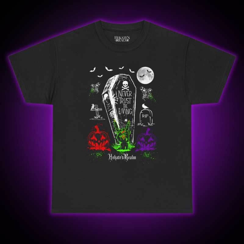 Black t-shirt with Halloween-themed design on a dark background