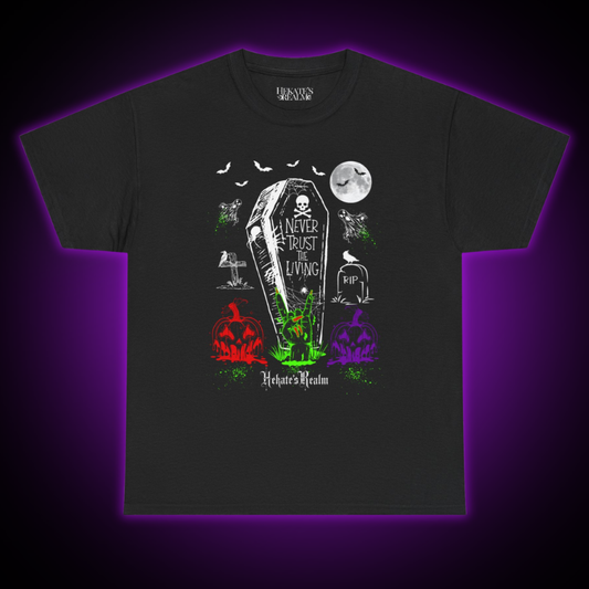 Black t-shirt with Halloween-themed design on a dark background