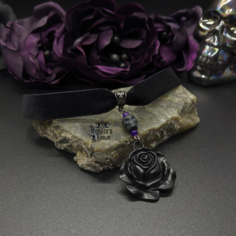 Black Skull Rose Velvet Choker