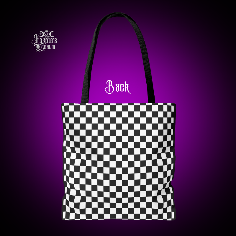 Checkered Rainbow Skull Tote Bag, back side background is fully covered with black and white checkered pattern and black handles.