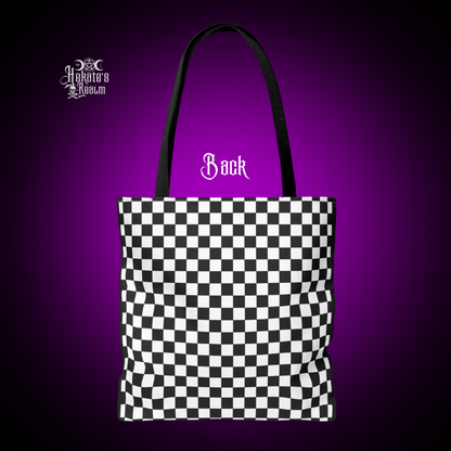 Checkered Rainbow Skull Tote Bag, back side background is fully covered with black and white checkered pattern and black handles.