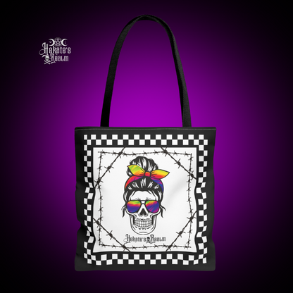 Black and White Checkered Rainbow Skull Tote Bag with black barbed wire detail, black background and black handles.