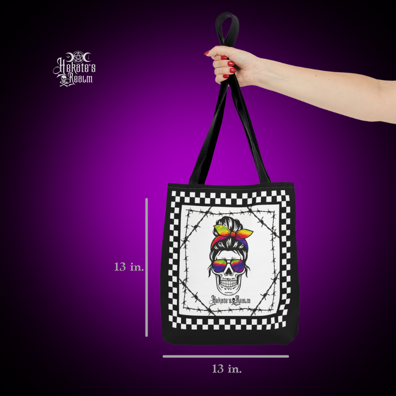 Checkered Rainbow Skull Tote Bag Skull Tote Bags Hekate s Realm HEKATE S REALM