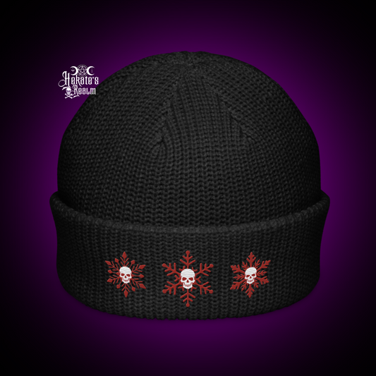 Skulls Snowflakes Knit Beanie | Red-White Embroidery