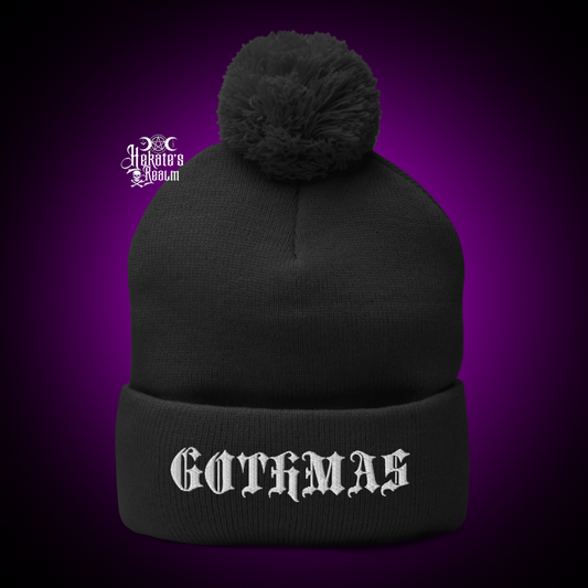 Gothmas Pom Beanie | White Puff Embroidery