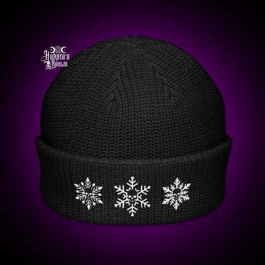 Skulls Snowflakes Knit Beanie | White-Black Embroidery